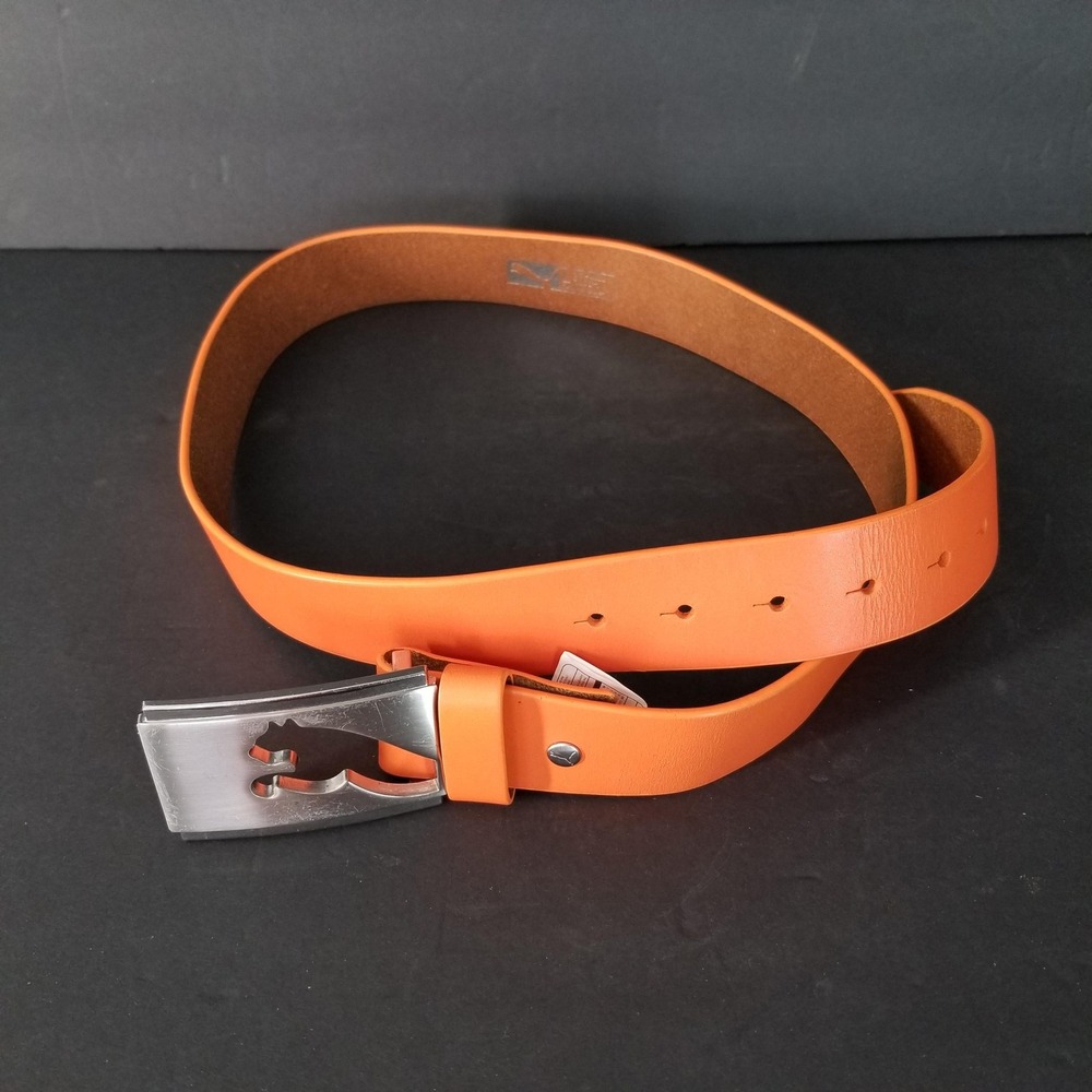 Puma Mens Orange Genuine Leather Belt Silver Plaque Cutout Logo Golf L 36-40in